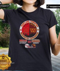 Alt Text: Ladies tee featuring Maryland Terrapins and Washington Commanders logos with city skyline design for Saturdays on Sundays.
