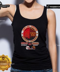 Alt Text: Stylish tank top featuring Maryland Terrapins and Washington Commanders logos with a city skyline design.