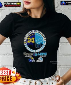 Original Michigan Wolverines on Saturdays and Detroit Lions on Sundays ladies tee featuring team logos and stylish design.