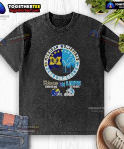 Original Michigan Wolverines on Saturdays and Detroit Lions on Sundays washed t-shirt, featuring team logos and casual style.