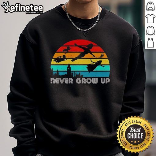 Vintage sweatshirt featuring an original Never Grow Up Peter Pan silhouette design for nostalgic fans.