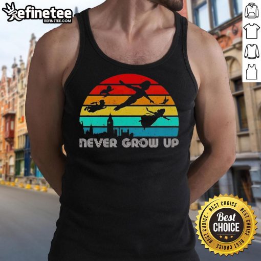 Vintage tank top featuring an original Peter Pan silhouette with 'Never Grow Up' text, perfect for fans and casual wear.
