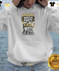 Original New Orleans Saints watch party featuring fans in Abita hoodies celebrating football excitement.