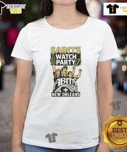 Alt Text: Original New Orleans Saints watch party featuring a stylish ladies tee with Abita logo, perfect for football fans.