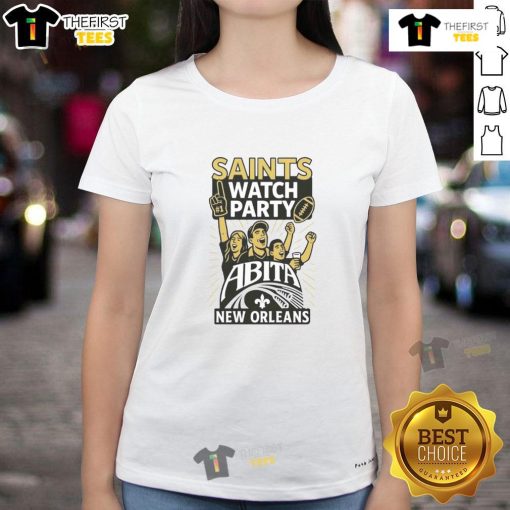 Alt Text: Original New Orleans Saints watch party featuring a stylish ladies tee with Abita logo, perfect for football fans.