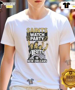Original New Orleans Saints watch party football Abita T-shirt featuring team logo and vibrant design for fans.