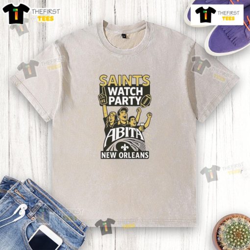 Alt Text: Original New Orleans Saints watch party t-shirt featuring Abita logo, perfect for football fans.