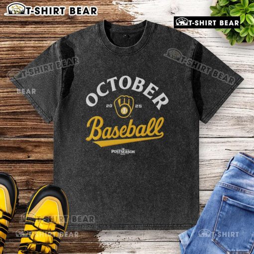 Alt Text: 2025 MLB Postseason washed t-shirt featuring the Milwaukee Brewers original design, perfect for baseball fans.