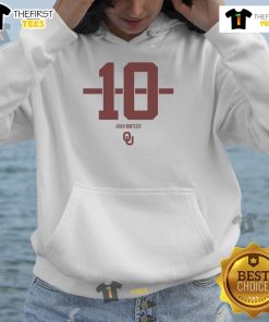 Original Oklahoma Sooners Football John Mateer 10 Stripe Hoodie in crimson with white stripes, perfect for game day.