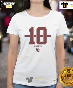 Original Oklahoma Sooners Football John Mateer 10 Stripe Ladies Tee in red and white, perfect for game day.