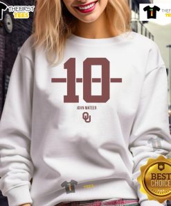 Original Oklahoma Sooners football John Mateer 10 stripe sweatshirt in crimson, perfect for game day attire.
