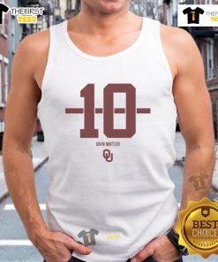 Original Oklahoma Sooners Football John Mateer 10 Stripe Tank Top in red and white, perfect for game day.