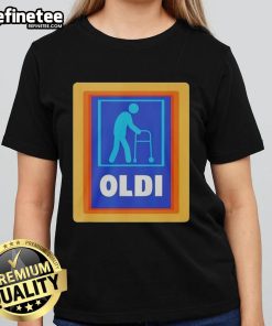 Original Oldi X Aldi parody logo on a stylish ladies tee, perfect for fans of humorous graphic apparel.