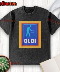 Original Oldi X Aldi parody logo on a washed t-shirt, featuring a vintage design for trendy casual wear.