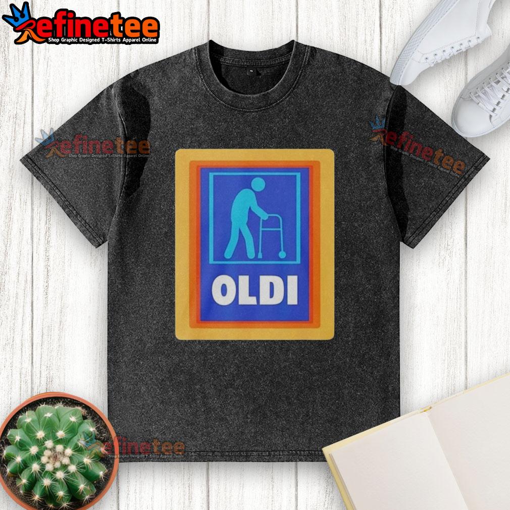 Original Oldi X Aldi Parody Logo Washed T Shirt Original Oldi X Aldi parody logo on a washed t-shirt, featuring a vintage design for trendy casual wear.