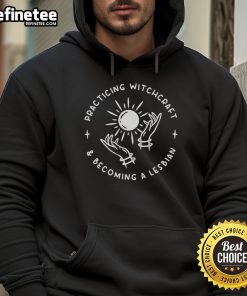 Original Practicing Witchcraft and Becoming a Lesbian hoodie featuring mystical designs and vibrant colors.