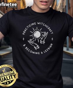 Original Practicing Witchcraft And Becoming A Lesbian T-Shirt design featuring mystical symbols and vibrant colors.