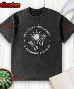 Original practicing witchcraft and becoming a lesbian washed t-shirt with unique design for LGBTQ+ pride.