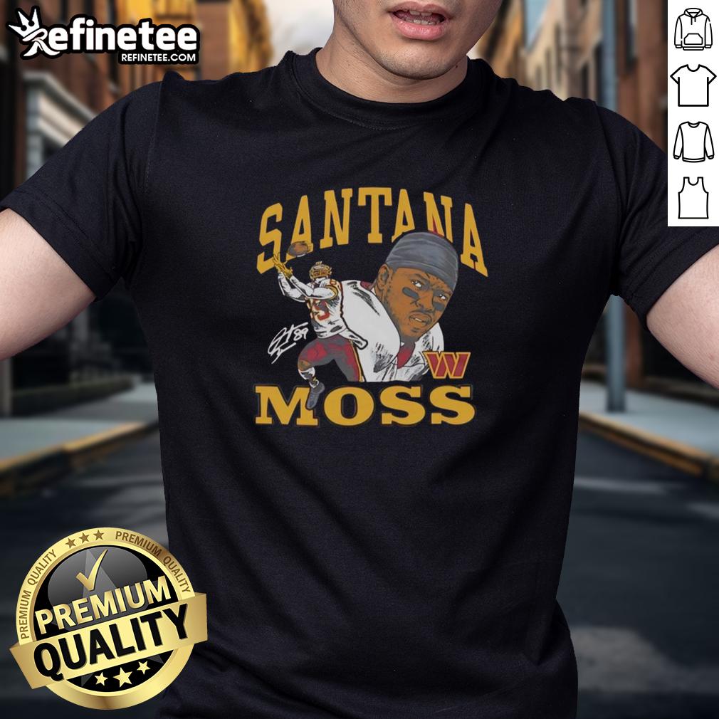 Original Santana Moss Washington Commanders Homage Retired Player Classic Signature T-Shirt Alt Text: Original Santana Moss Washington Commanders classic signature t-shirt featuring retired player design and logo.