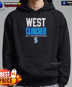 Alt Text: 2025 Seattle Mariners AL West Division Champions hoodie celebrating playoffs clinch, featuring team logo and colors.