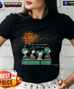 Alt Text: Original Snoopy and Friends Michigan State autumn ladies tee featuring festive holiday design for the most wonderful time of the year.
