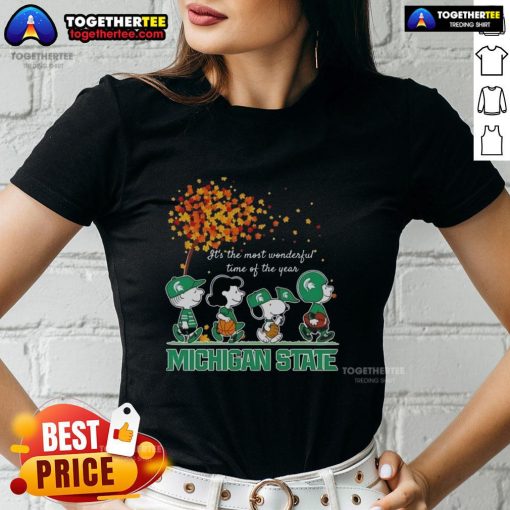 Alt Text: Original Snoopy and Friends Michigan State autumn ladies tee featuring festive holiday design for the most wonderful time of the year.