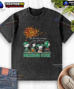 Alt Text: Original Snoopy and Friends Michigan State autumn washed t-shirt featuring festive design for the holiday season.