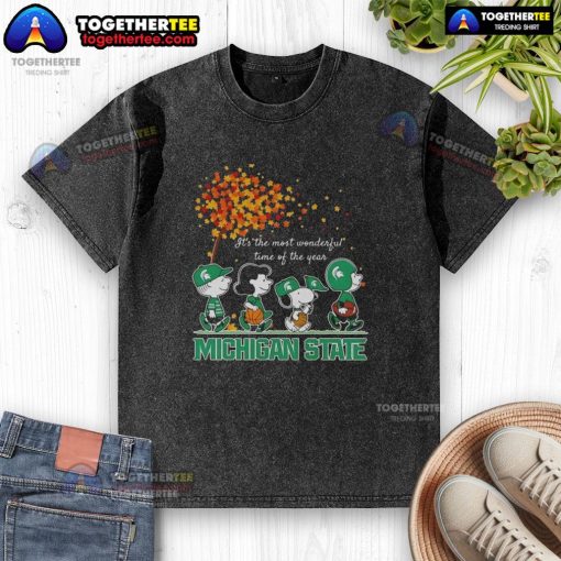 Alt Text: Original Snoopy and Friends Michigan State autumn washed t-shirt featuring festive design for the holiday season.
