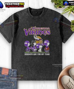 Original Snoopy and Friends Minnesota Vikings football Sundays washed t-shirt featuring playful graphic design.