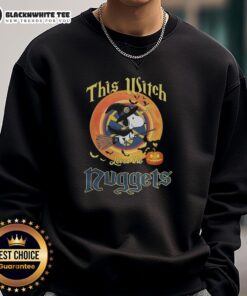 Alt Text: Original Snoopy Halloween sweatshirt featuring 'This Witch Loves the Denver Nuggets' design, perfect for fans.