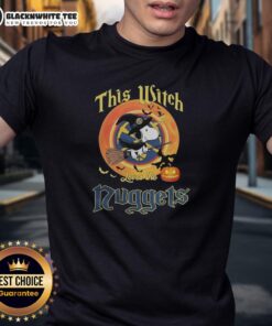 Alt Text: Original Snoopy Halloween T-shirt featuring a witch and Denver Nuggets logo, perfect for Halloween fans and basketball lovers.
