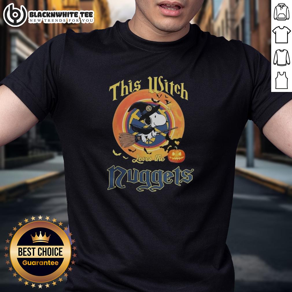 Original Snoopy Halloween This Witch Loves The Denver Nuggets T Shirt Alt Text: Original Snoopy Halloween T-shirt featuring a witch and Denver Nuggets logo, perfect for Halloween fans and basketball lovers.