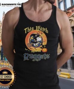 Original Snoopy Halloween tank top featuring 'This Witch Loves The Denver Nuggets' design for fans.