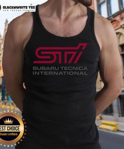 Original STI logo on a Subaru Technica International tank top, showcasing a stylish automotive apparel design.