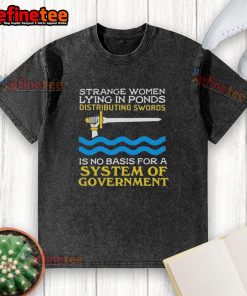 Alt Text: Original Strange Women Lying in Ponds Distributing Swords washed t-shirt featuring a whimsical design and bold colors.