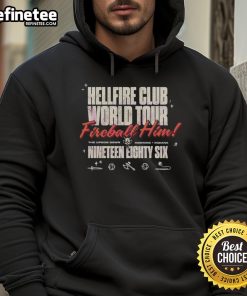 Original Stranger Things Hellfire Club World Tour 1986 Fireball Him hoodie featuring vibrant graphics and retro design.