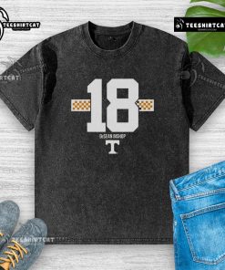 Original Tennessee Volunteers Football Desean Bishop 18 Checkered Stripe Washed T-Shirt in vibrant orange and white.