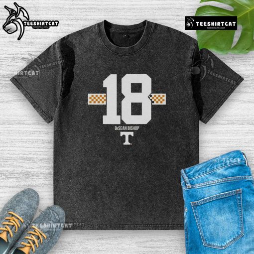 Original Tennessee Volunteers Football Desean Bishop 18 Checkered Stripe Washed T-Shirt in vibrant orange and white.