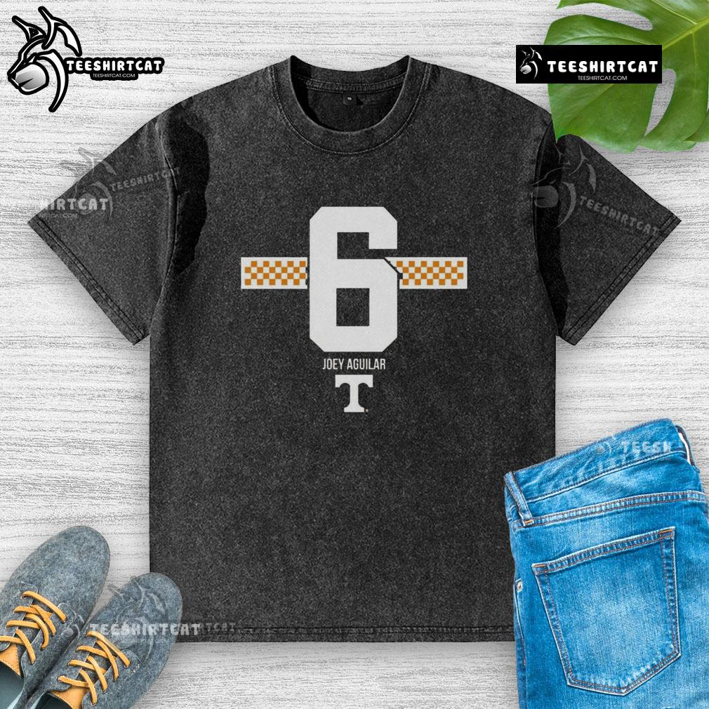 Original Tennessee Volunteers Football Joey Aguilar #6 Checkered Stripe Washed T-Shirt Alt Text: Original Tennessee Volunteers Football Joey Aguilar checkered stripe washed t-shirt for fans and players.