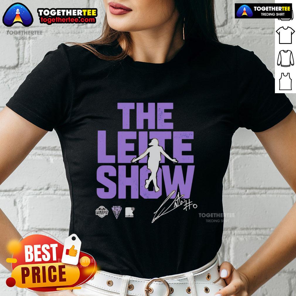 Original The Leite Show Carla Leite Golden State Valkyries Ladies Tee Alt Text: Carla Leite wearing the Original The Leite Show Golden State Valkyries Ladies Tee, showcasing style and team spirit.