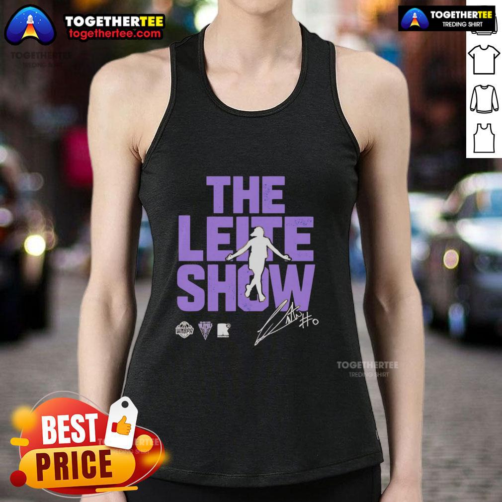 Original The Leite Show Carla Leite Golden State Valkyries Tank Top Carla Leite wearing the Original The Leite Show Golden State Valkyries tank top, showcasing vibrant design and style.