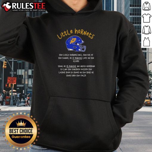 Alt Text: Original Little Hornets hoodie featuring the team running out of the tunnel at 17 minutes left on the clock.