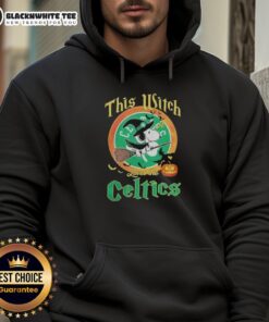 Alt Text: Snoopy Halloween hoodie featuring a witch theme and Boston Celtics logo, perfect for spooky season and sports fans.