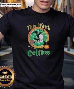Original This Witch Loves The Boston Celtics Snoopy Halloween T-Shirt featuring a witch and Snoopy in Celtics gear.
