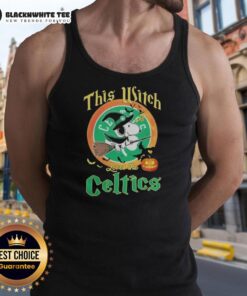 Alt Text: Original This Witch Loves The Boston Celtics Snoopy Halloween Tank Top featuring Snoopy in Celtics gear.