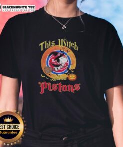 Alt Text: Original This Witch Loves The Detroit Pistons Snoopy Halloween Ladies Tee featuring a playful witch and basketball design.