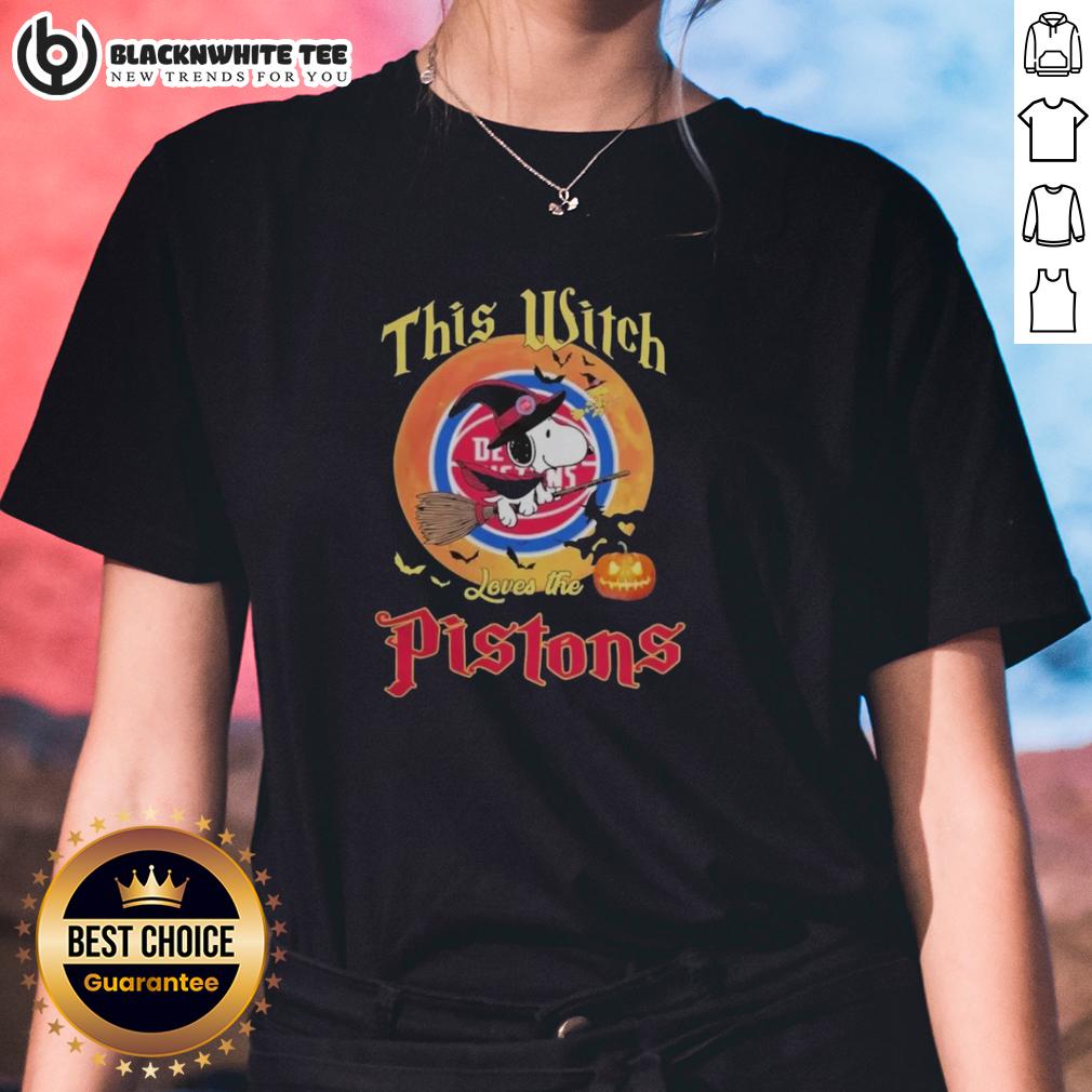 Original This Witch Loves The Detroit Pistons Snoopy Halloween Ladies Tee Alt Text: Original This Witch Loves The Detroit Pistons Snoopy Halloween Ladies Tee featuring a playful witch and basketball design.