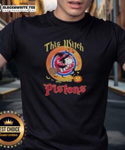 Alt Text: Original This Witch Loves The Detroit Pistons Snoopy Halloween T-Shirt featuring a witch, Snoopy, and Pistons logo.