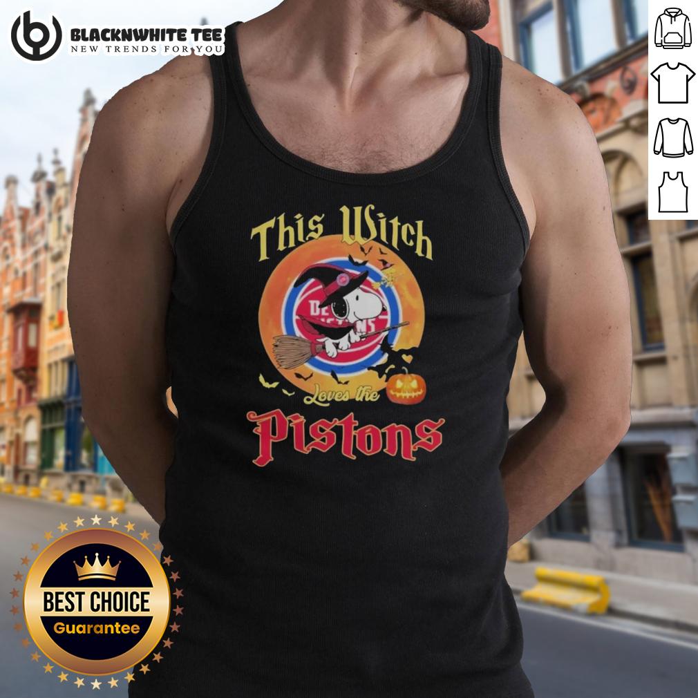 Original This Witch Loves The Detroit Pistons Snoopy Halloween Tank Top Alt Text: This Witch Loves the Detroit Pistons Snoopy Halloween Tank Top featuring a playful design perfect for Halloween.
