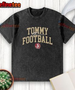 Original Tommy Castellanos Florida State Football crimson letter washed t-shirt displayed on a rustic background.
